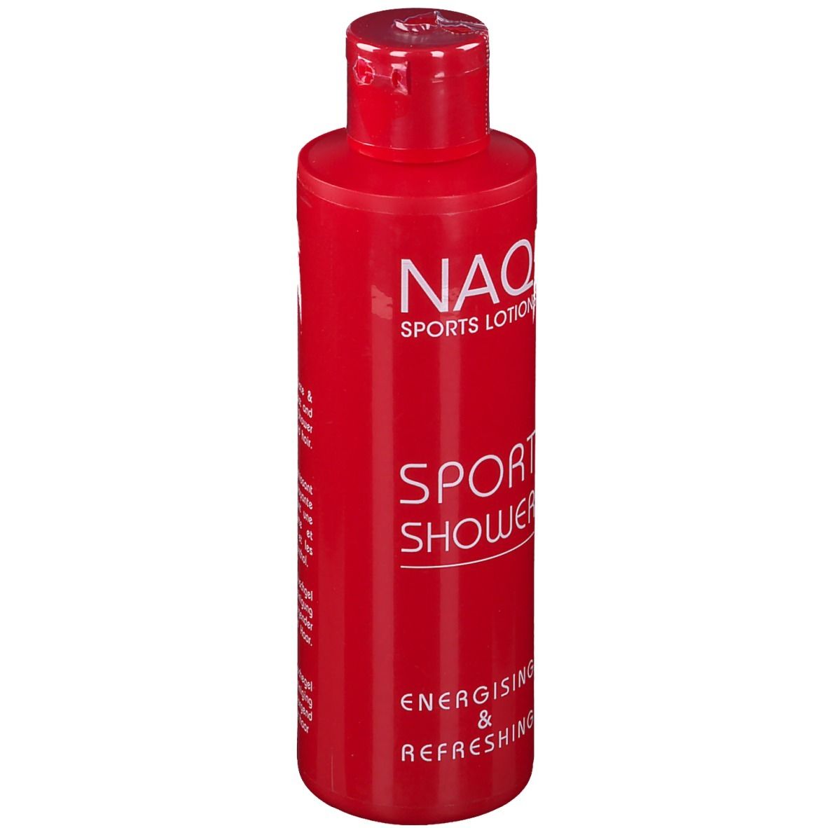 Rote Flasche mit NAQI Sport Shower-Etikett. Text: Energising & Refreshing. Klappverschluss.