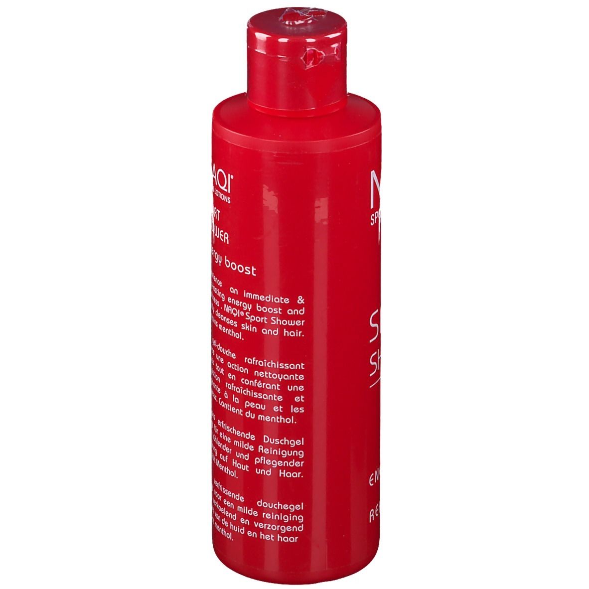 Rote Flasche NAQI Sport Shower. Text: Energy Boost. Enthält Menthol. Klappverschluss. 200 ml.