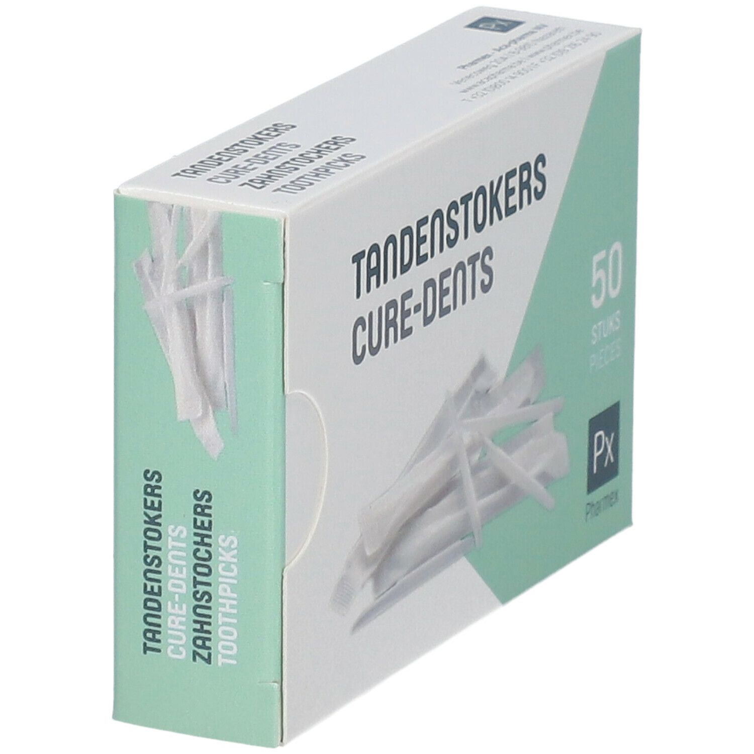 Boîte de cure-dents en biais. Inscription: TANDENSTOKERS CURE-DENTS, 50 pièces. Marque: Pharmex.