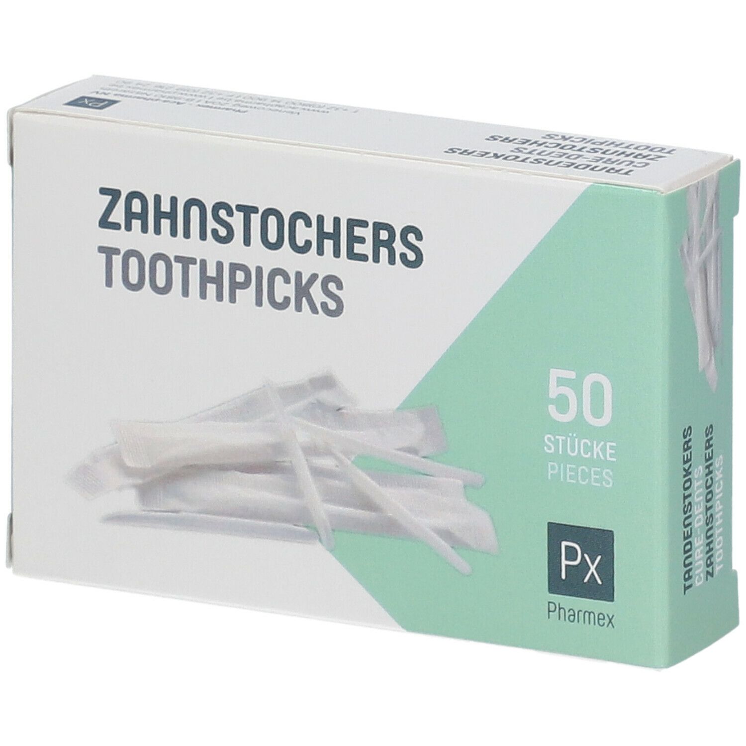 Boîte de cure-dents. Inscription: ZAHNSTOCHERS TOOTHPICKS, 50 pièces. Marque: Pharmex.