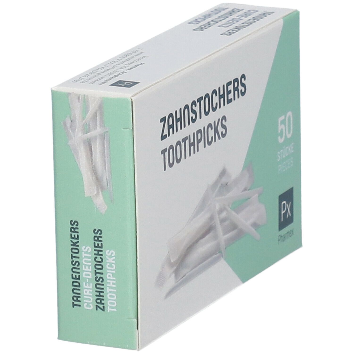Boîte de cure-dents en biais. Inscription: ZAHNSTOCHERS TOOTHPICKS, 50 pièces. Marque: Pharmex.