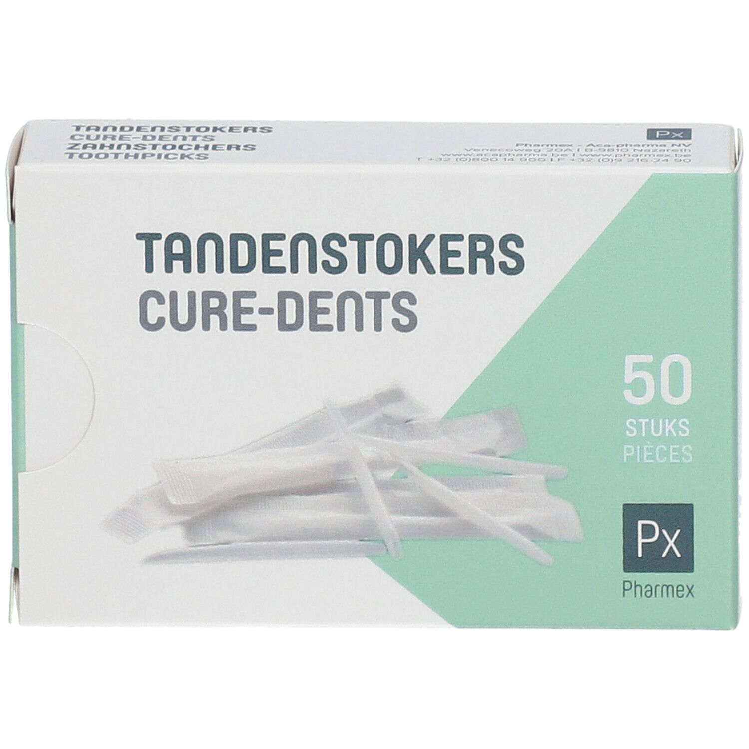Boîte de cure-dents. Inscription: TANDENSTOKERS CURE-DENTS, 50 pièces. Marque: Pharmex.