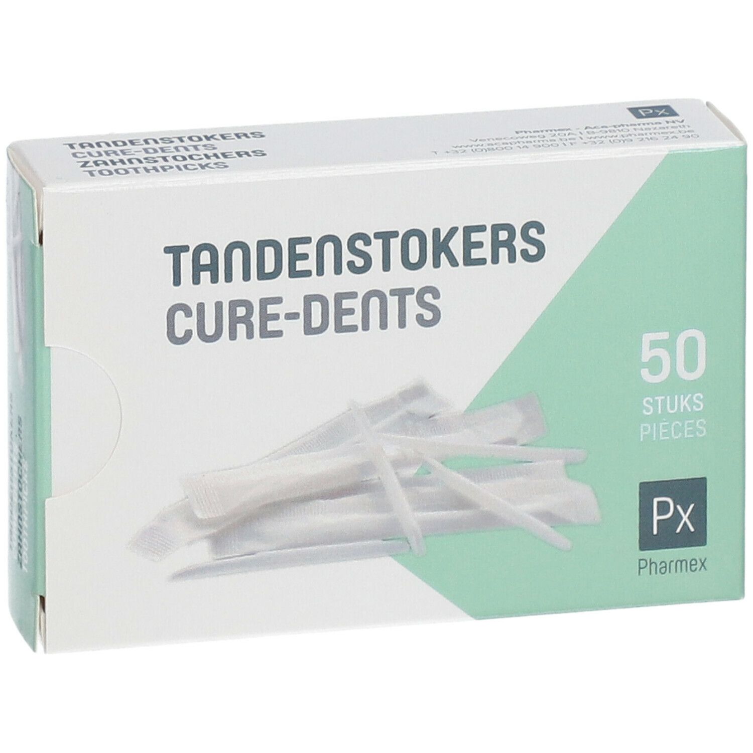 Boîte de cure-dents. Inscription: TANDENSTOKERS CURE-DENTS, 50 pièces. Marque: Pharmex.