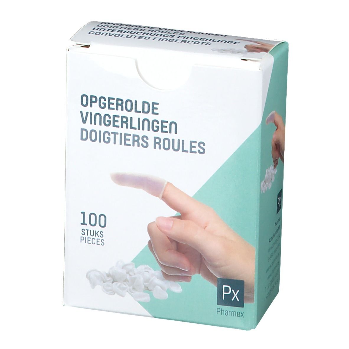 Boîte de doigtier. Inscription: 100 pièces. Marque: Pharmex. Doigtier montré sur un doigt.