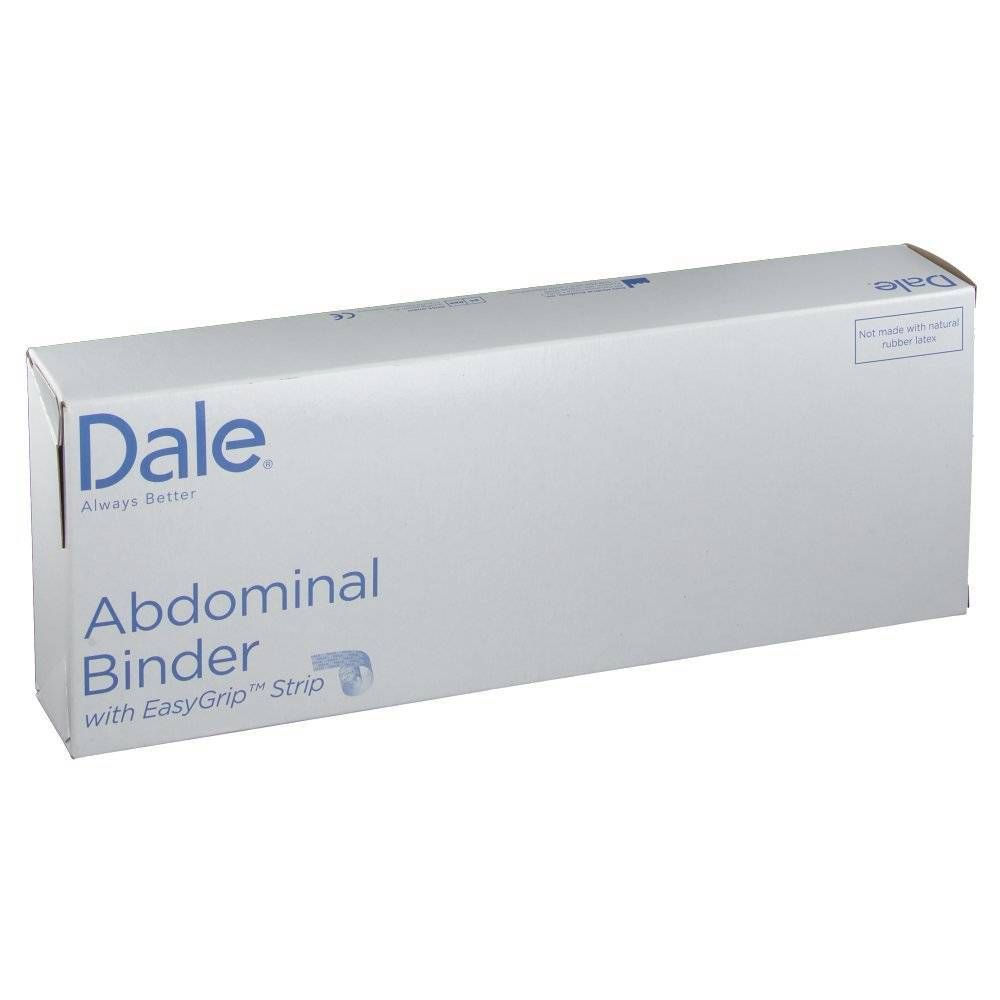 Emballage blanc avec texte bleu "Dale Abdominal Binder". Avec EasyGrip™ Strip. Forme rectangulaire.
