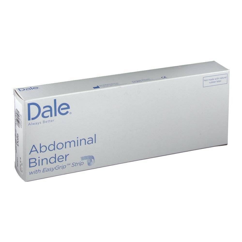 Witte verpakking met de tekst "Dale Abdominal Binder with EasyGrip Strip". Het "Dale" logo is blauw.