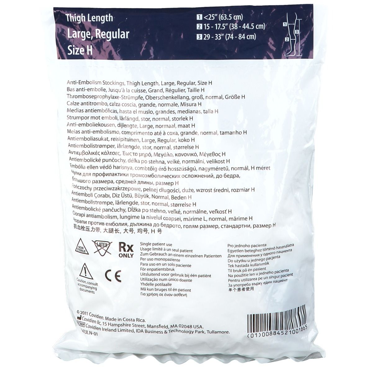 Rückseite der Verpackung mit Anti-Embolie-Strümpfen. Mehrsprachige Produktinformationen und Symbole.