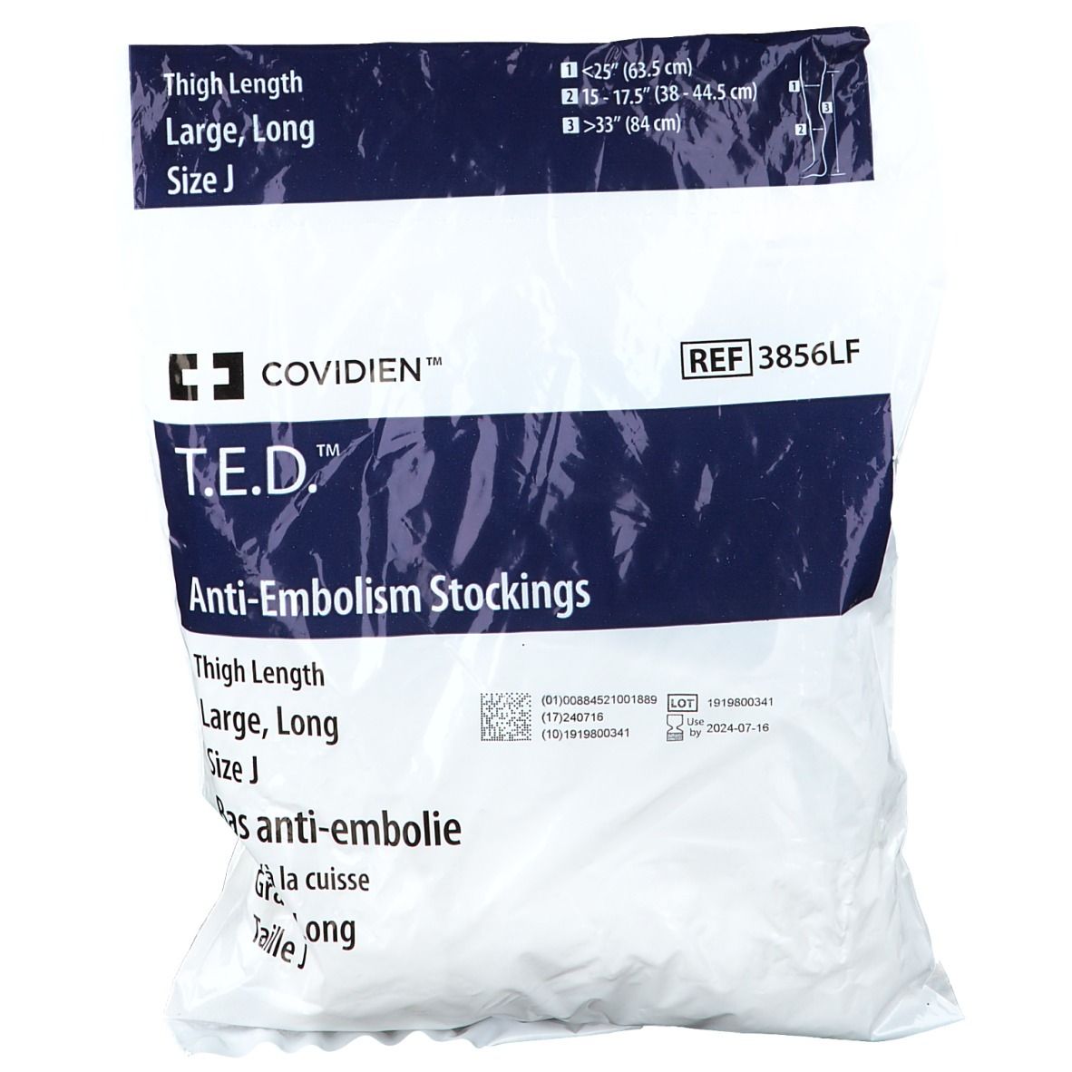Verpakking anti-emboliekousen T.E.D., maat J, lang. Witte zak met productinfo en logo.