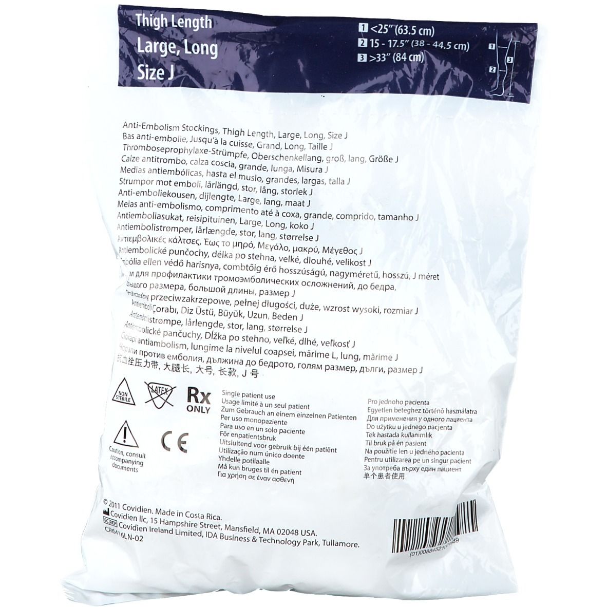 Achterkant verpakking anti-emboliekousen. Meertalige tekst, logo's en CE-markering.