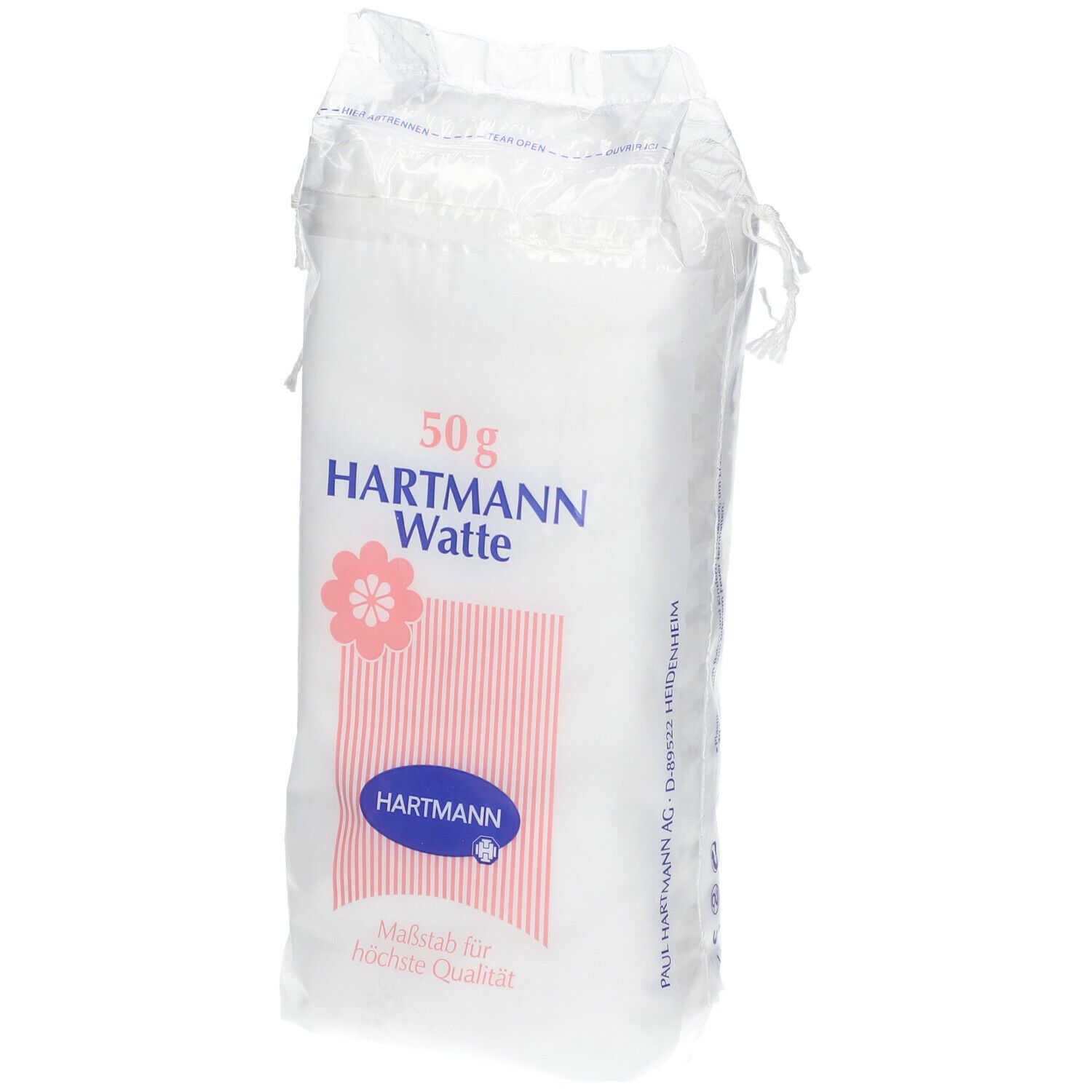 Verpakking Hartmann watten. 50g. Wit materiaal in transparante plastic zak. Logo en tekst Hartmann.