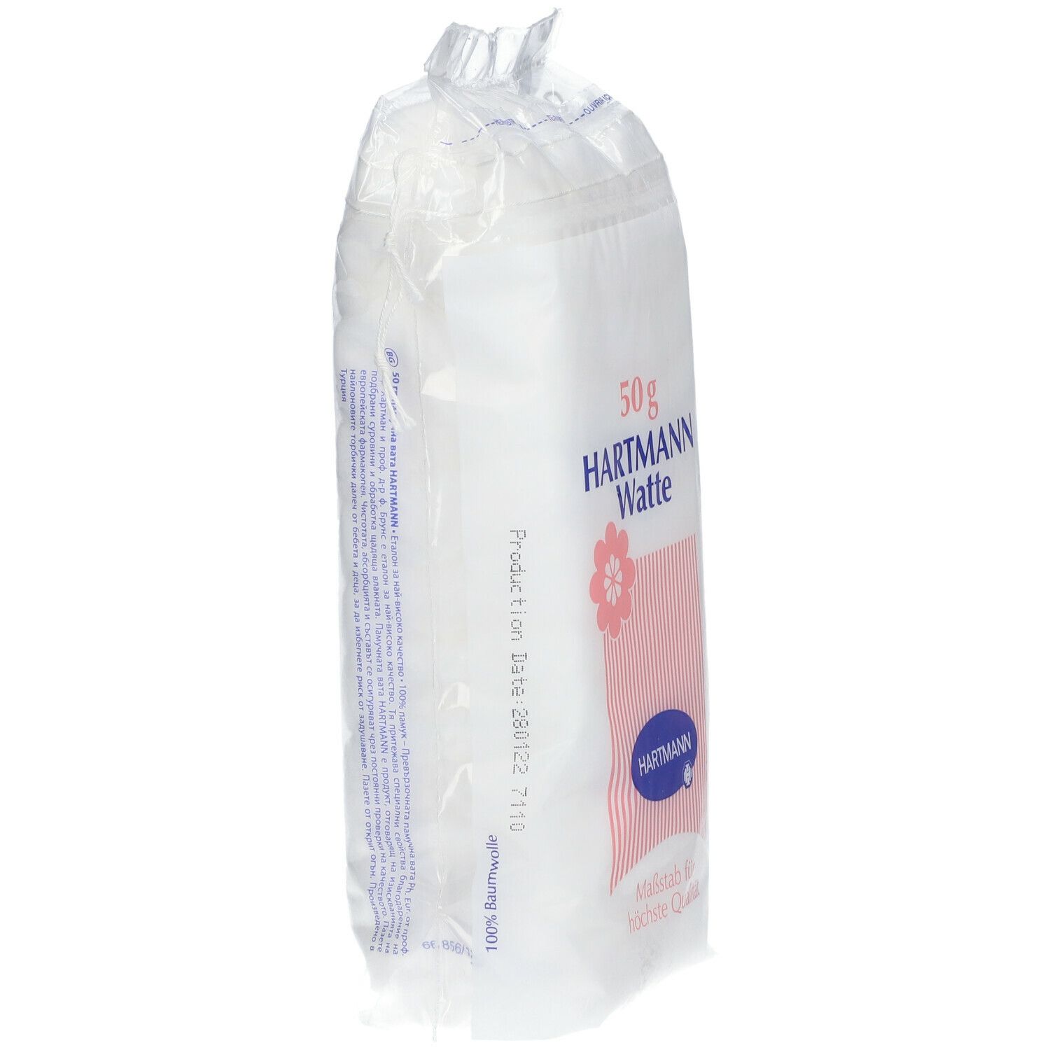 Hartmann watten verpakking. Zijaanzicht. Transparante plastic zak met witte inhoud. 50g.