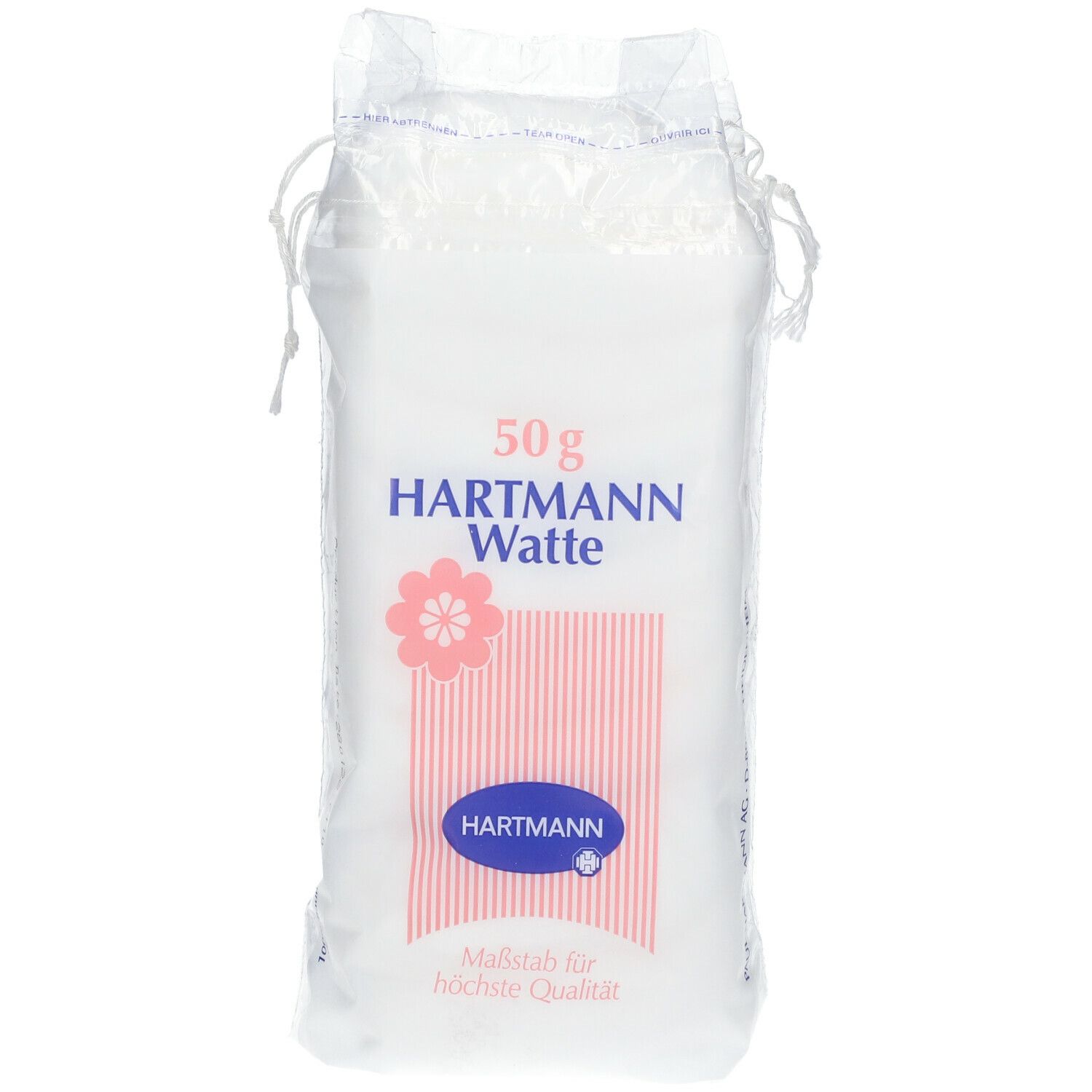 Hartmann watten verpakking. 50g. Witte watten in transparante plastic zak. Logo en tekst Hartmann.