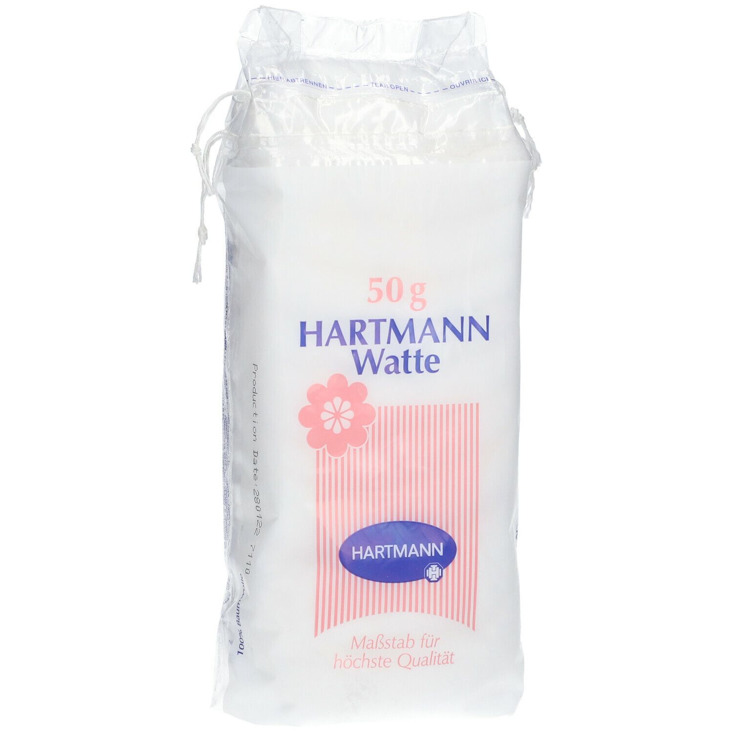 Hartmann watten verpakking. 50g. Witte watten in transparante plastic zak. Logo en tekst Hartmann.