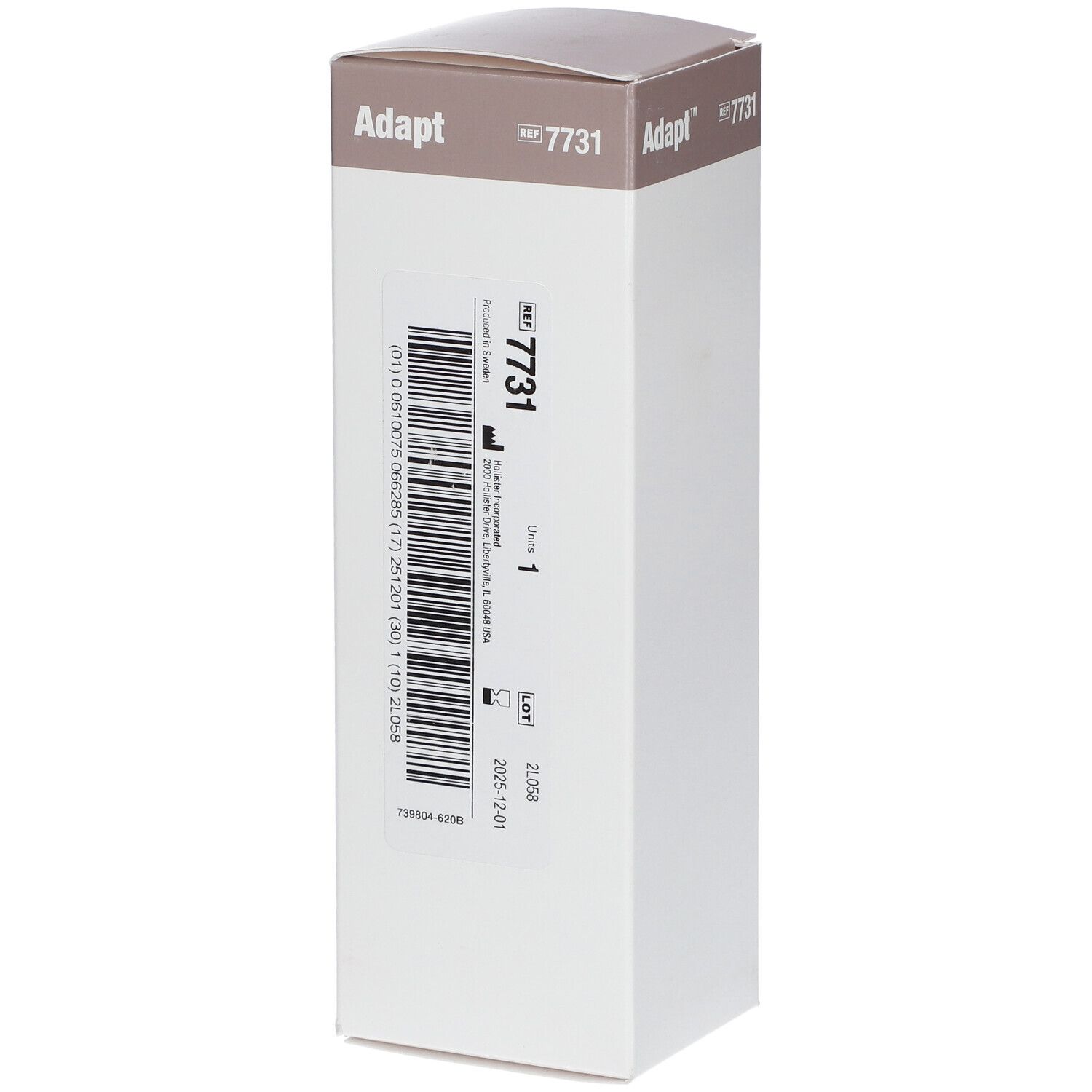 Boîte Adapt. Emballage blanc avec code-barres et texte : Adapt, 7731. Marquage CE. Date de péremption.