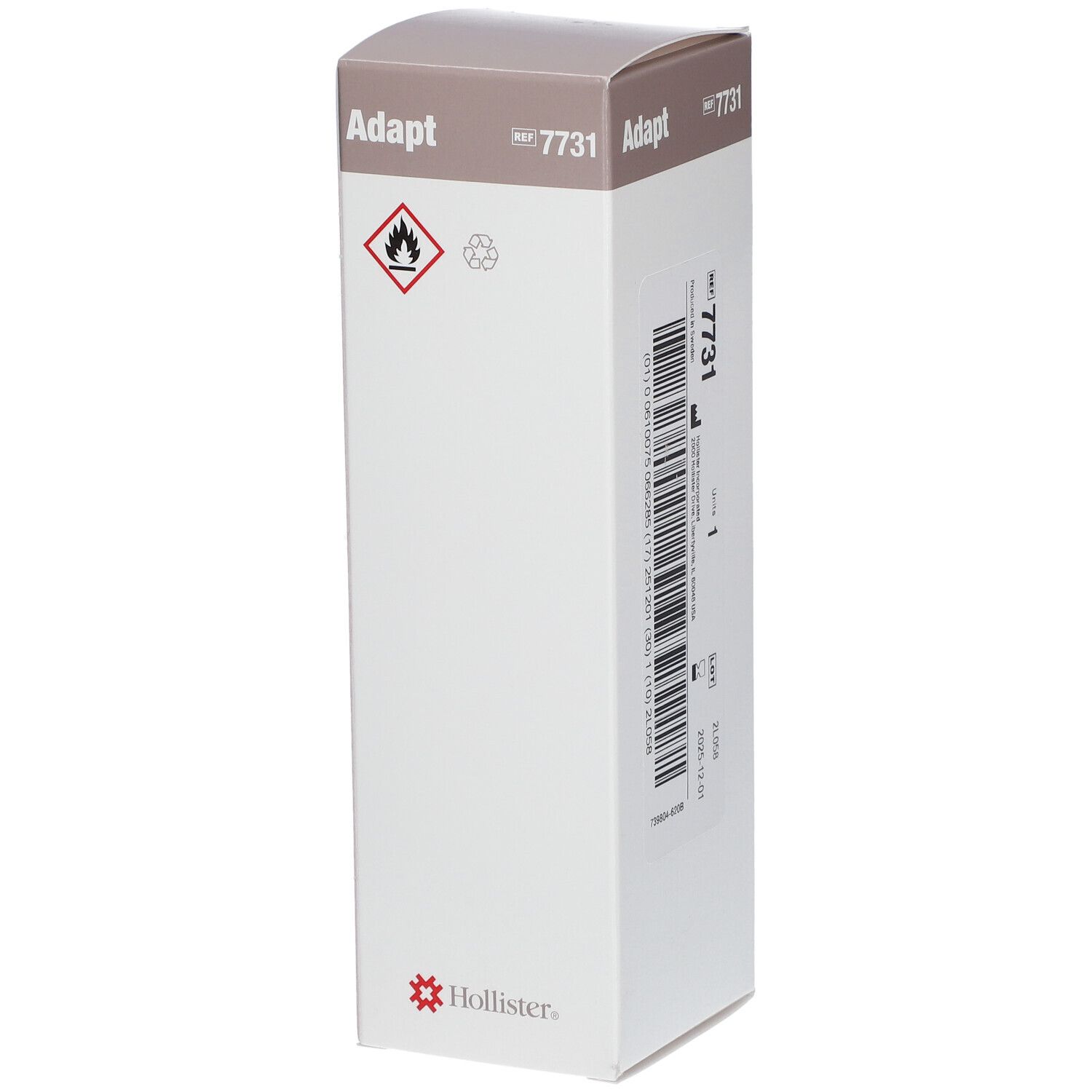 Boîte Adapt. Emballage blanc avec texte : Adapt, 7731. Symbole de danger. Logo Hollister. Marquage CE.