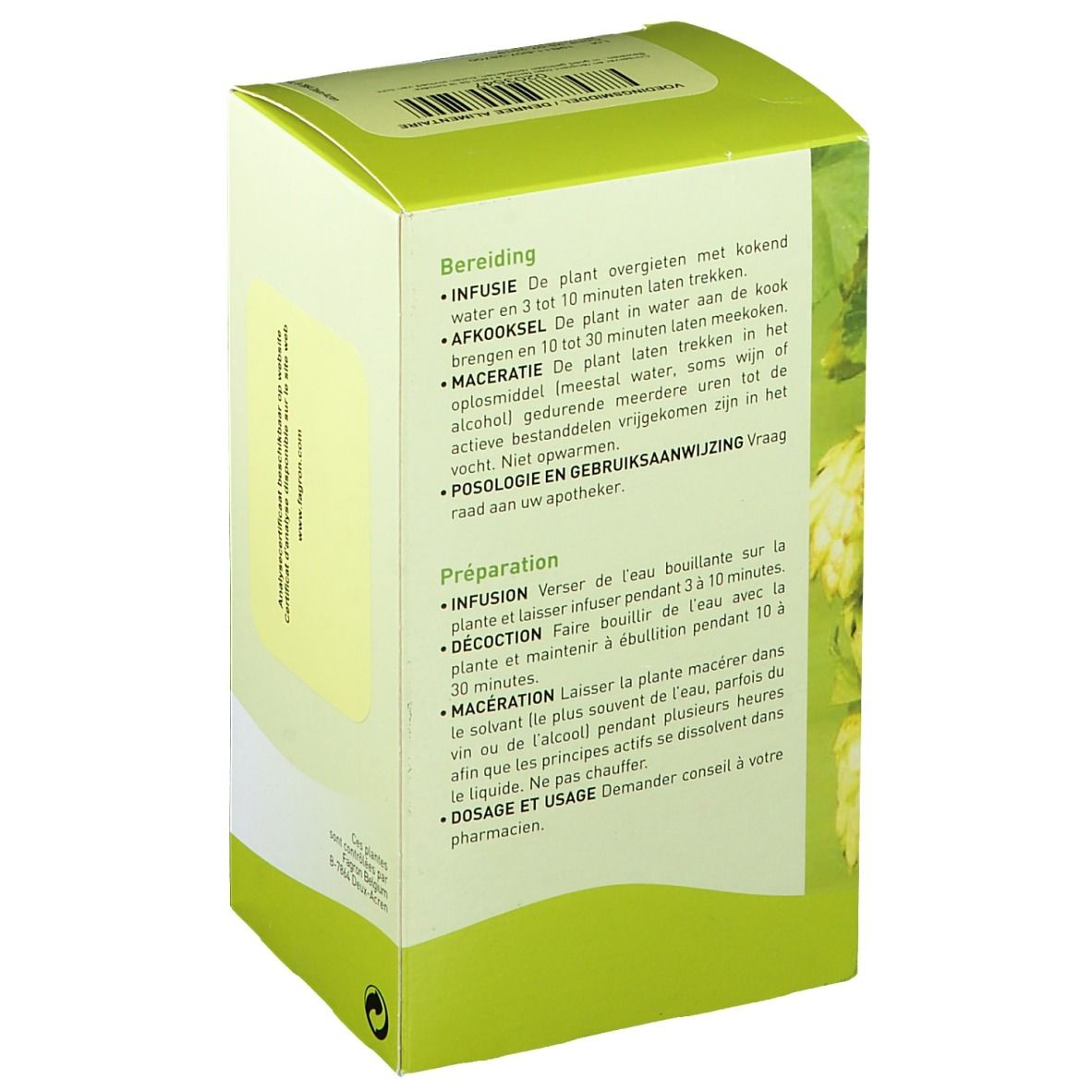Boîte verte avec texte. Instructions de préparation en allemand et français. Infusion, décoction, macération.