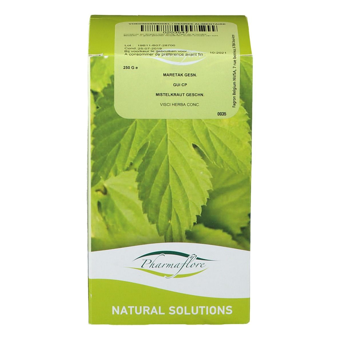 Boîte verte avec feuilles et texte. Logo Pharmaflore en bas. Étiquette avec informations produit.