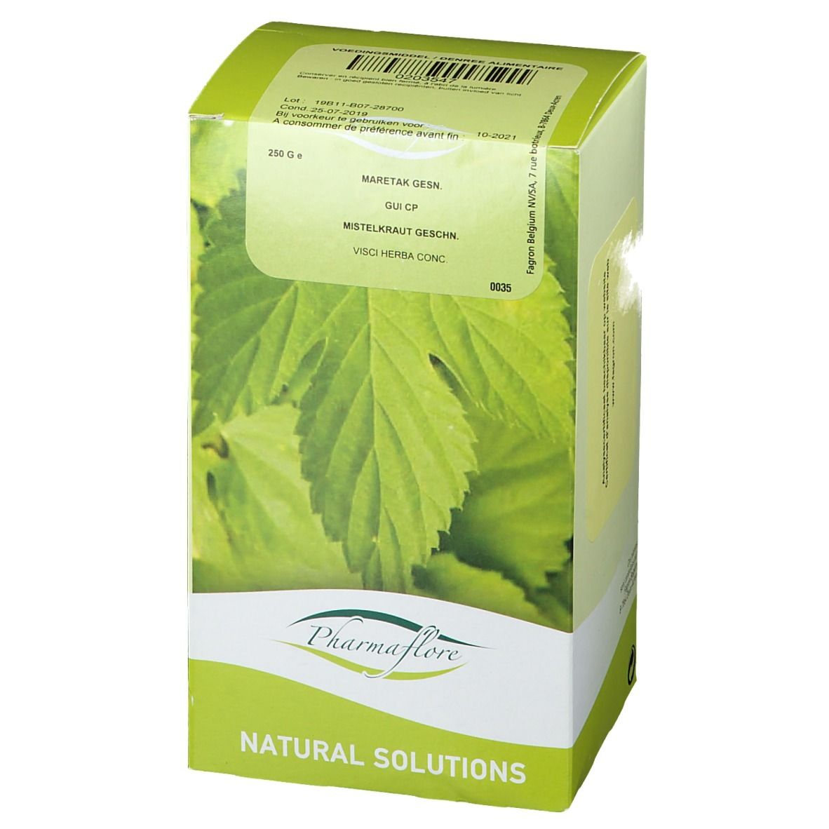 Boîte verte avec feuilles et texte. Logo Pharmaflore en bas. Étiquette avec informations produit.