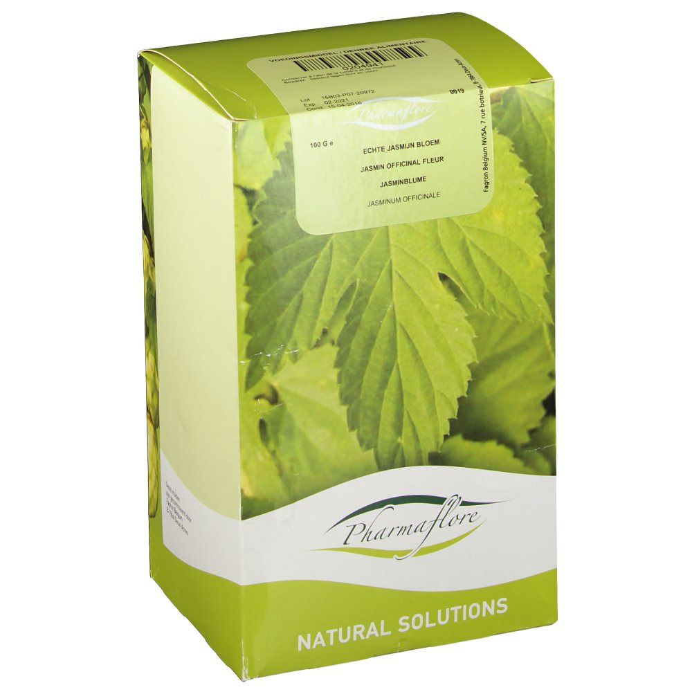 Kartonverpackung mit grünen Blättern und dem Logo Pharmaflore. Aufkleber mit Produktnamen und Barcode.