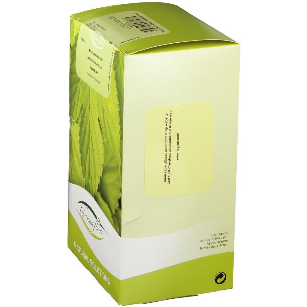 Rückseite der Kartonverpackung mit grünen Blättern und dem Logo Pharmaflore. Aufkleber mit Text.