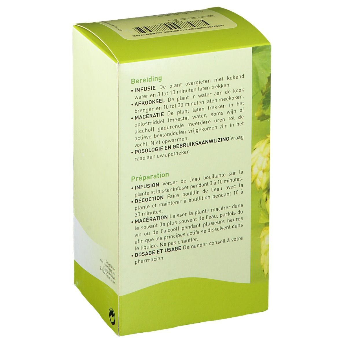 Dos de la boîte verte avec texte multilingue. Instructions de préparation.