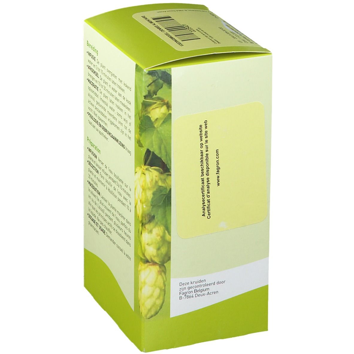 Vue latérale de la boîte avec texte et certificat d'analyse. Marque : Pharmaflore. Design vert.