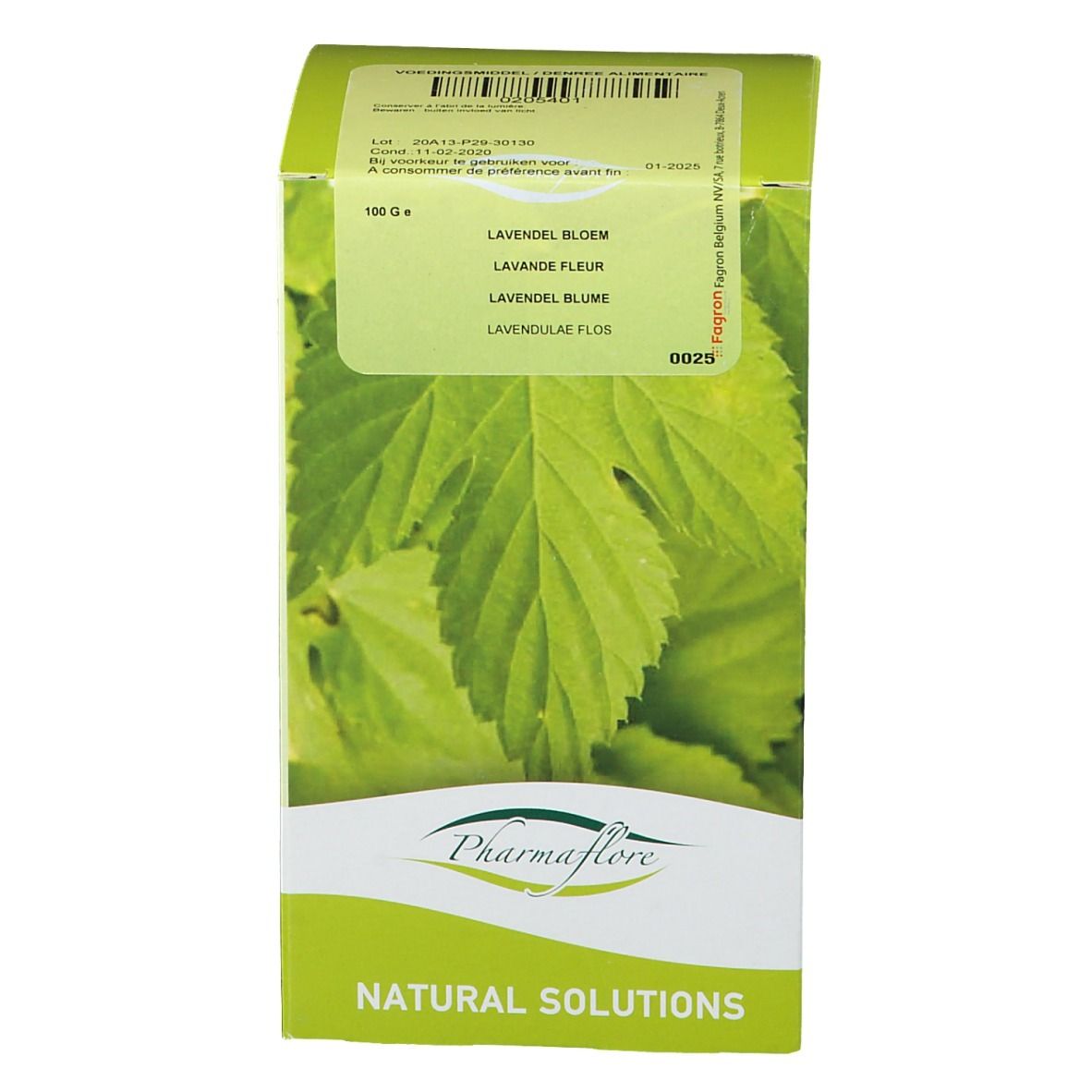 Boîte verte avec motif de feuilles et nom du produit en plusieurs langues. Marque : Pharmaflore.
