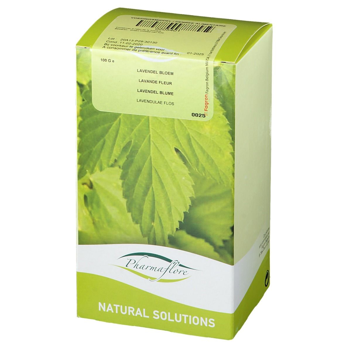 Boîte verte avec motif de feuilles et nom du produit en plusieurs langues. Marque : Pharmaflore.