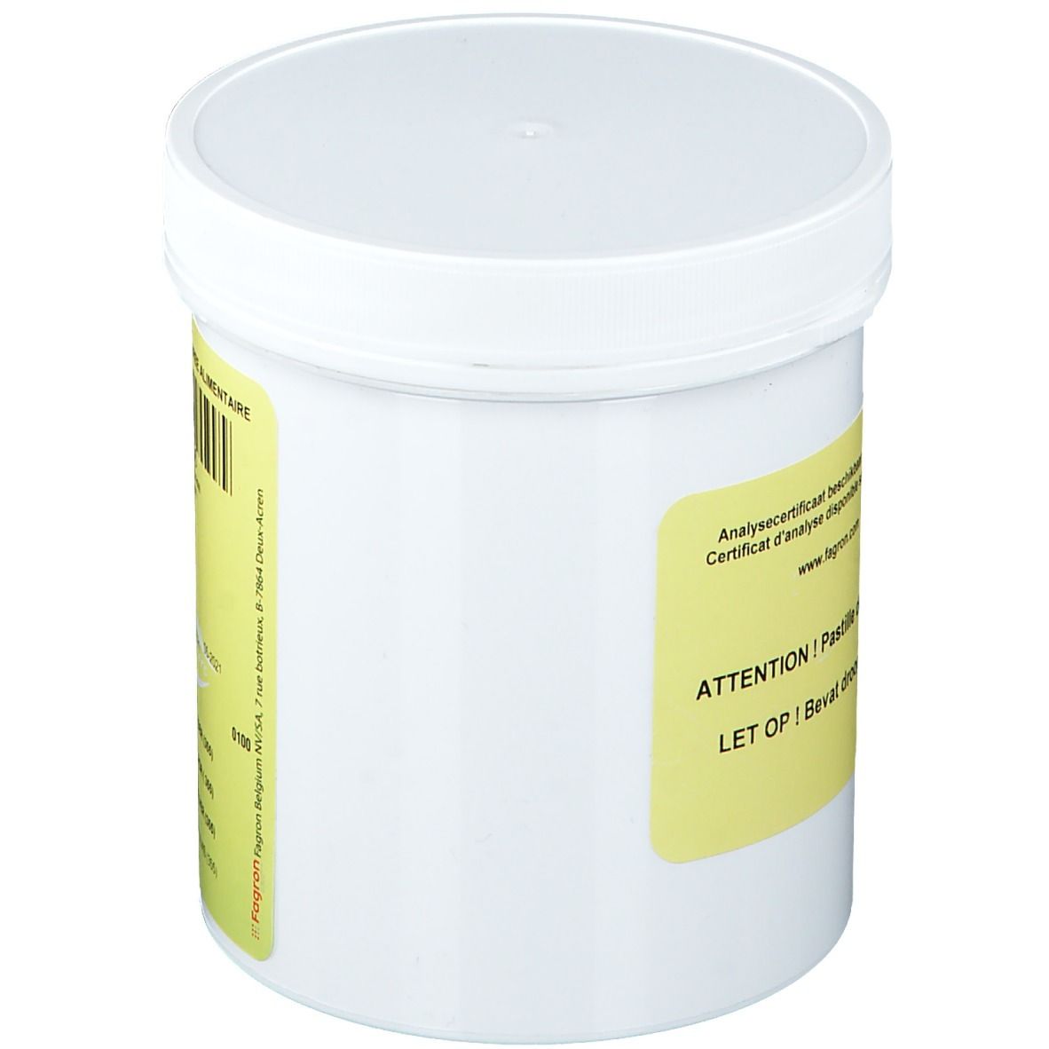 Récipient blanc avec couvercle. Étiquette jaune avec texte: Analysecertificaat beschikbaar op website. Attention ! Pastille dessicatrice.