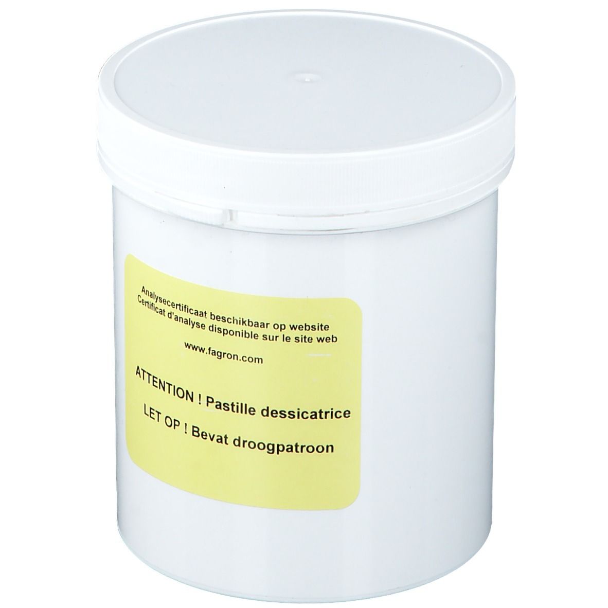 Récipient blanc avec couvercle. Étiquette jaune avec texte: Analysecertificaat beschikbaar op website. Attention ! Pastille dessicatrice.