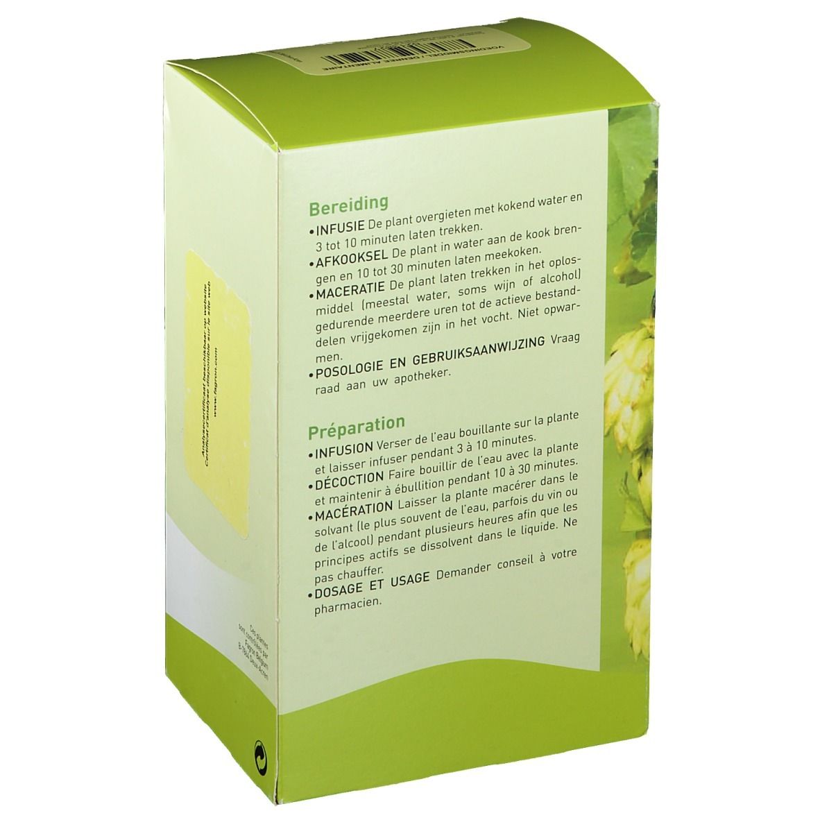 Dos de la boîte verte. Texte en plusieurs langues: Préparation, Infusion, Décoction, Macération, Dosage.