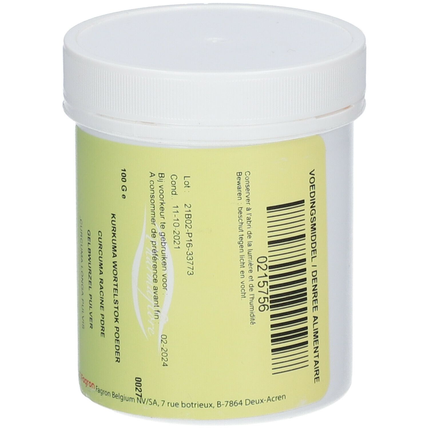 Pot blanc avec étiquette jaune. Texte : 100 g, Kurkuma racine poudre, 0215756, Voedingsmiddel/Denree alimentaire.
