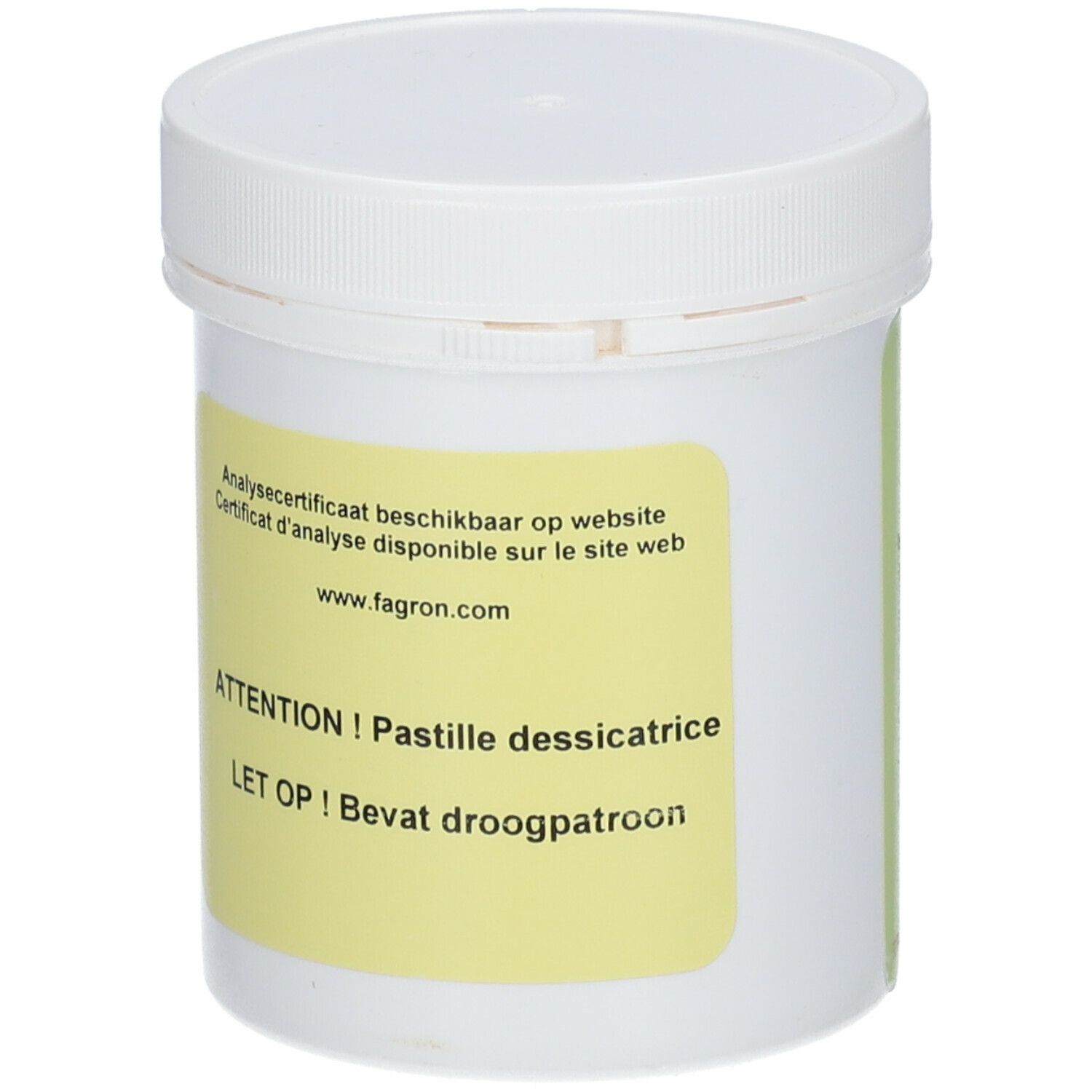 Pot blanc avec étiquette jaune. Texte : Certificat d'analyse, www.fagron.com, ATTENTION ! Pastille dessicatrice, LET OP ! Bevat droogpatroon.