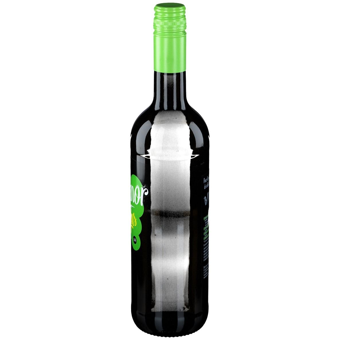 Donkere glazen fles met groene dop. Zijaanzicht.