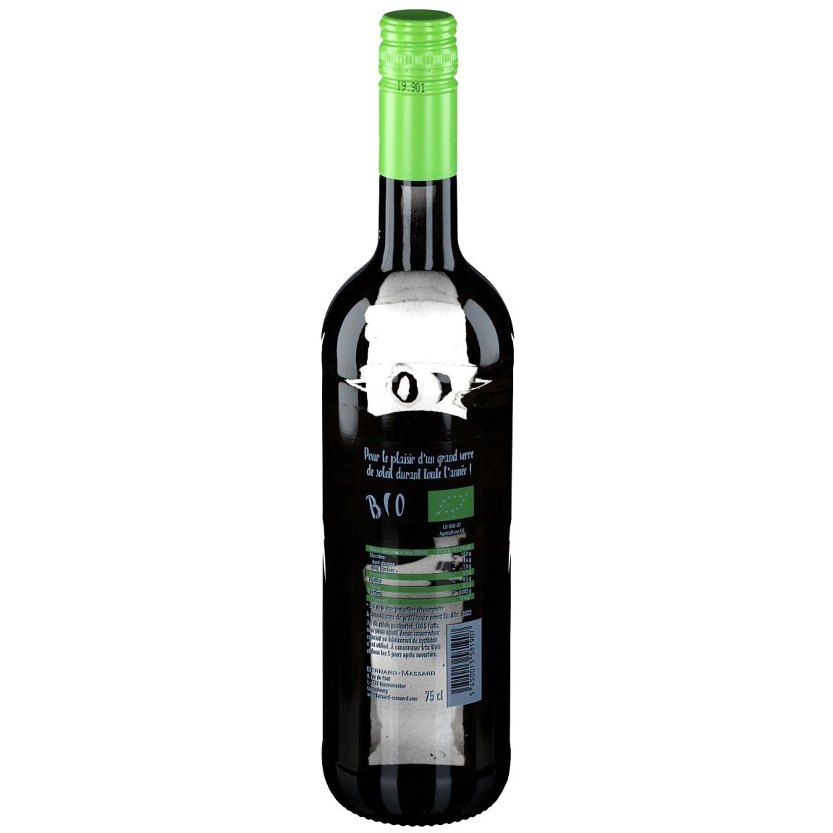 Donkere glazen fles met groene dop. Achterkant met tekst en bio-keurmerk.