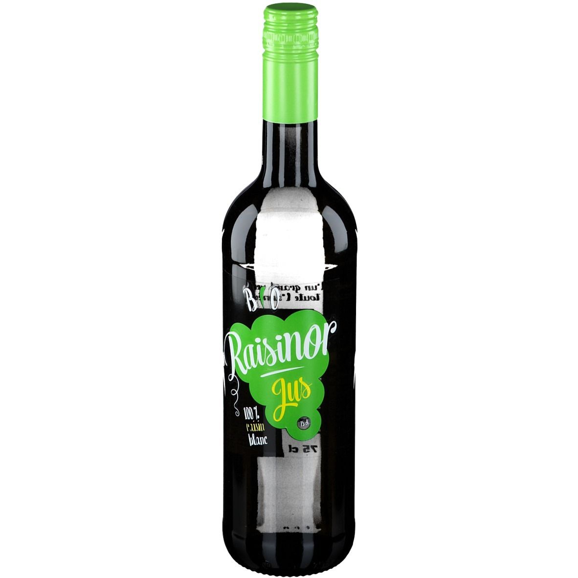 Donkere glazen fles met groene dop. Etiket met "Raisinor Jus" en bio-keurmerk.