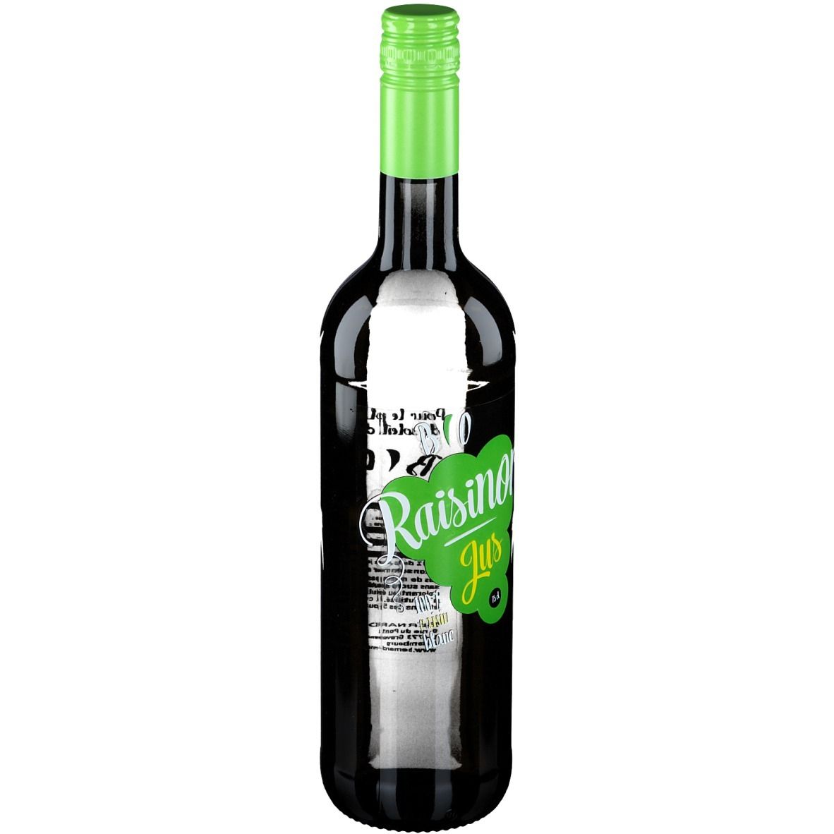 Donkere glazen fles met groene dop. Etiket met "Raisinor Jus".