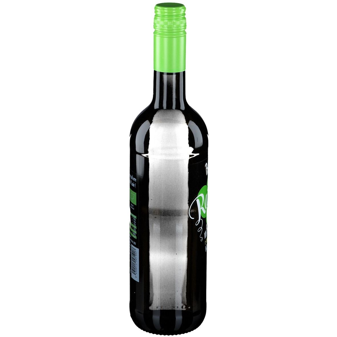 Donkere glazen fles met groene dop. Zijaanzicht met tekst.