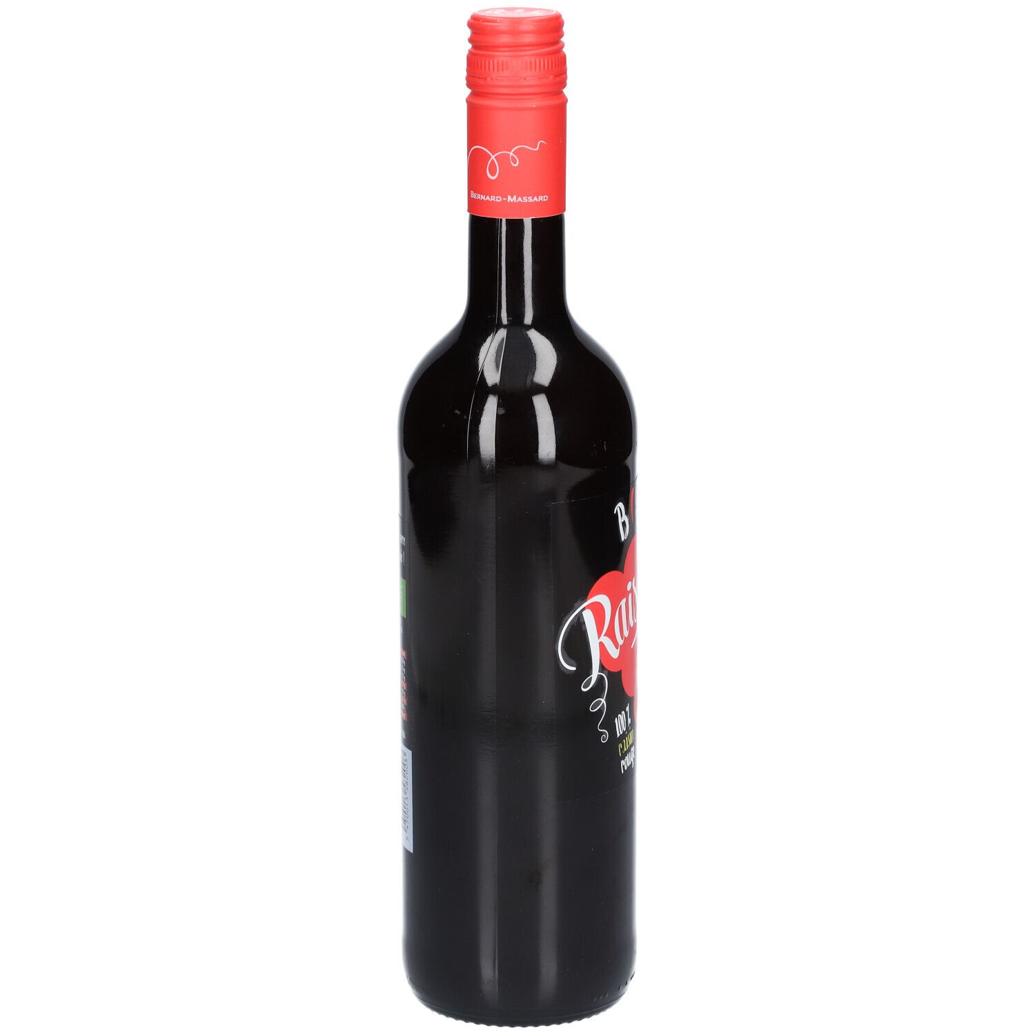 Bouteille en verre foncé avec bouchon rouge. Vue latérale. Aucun autre détail visible.
