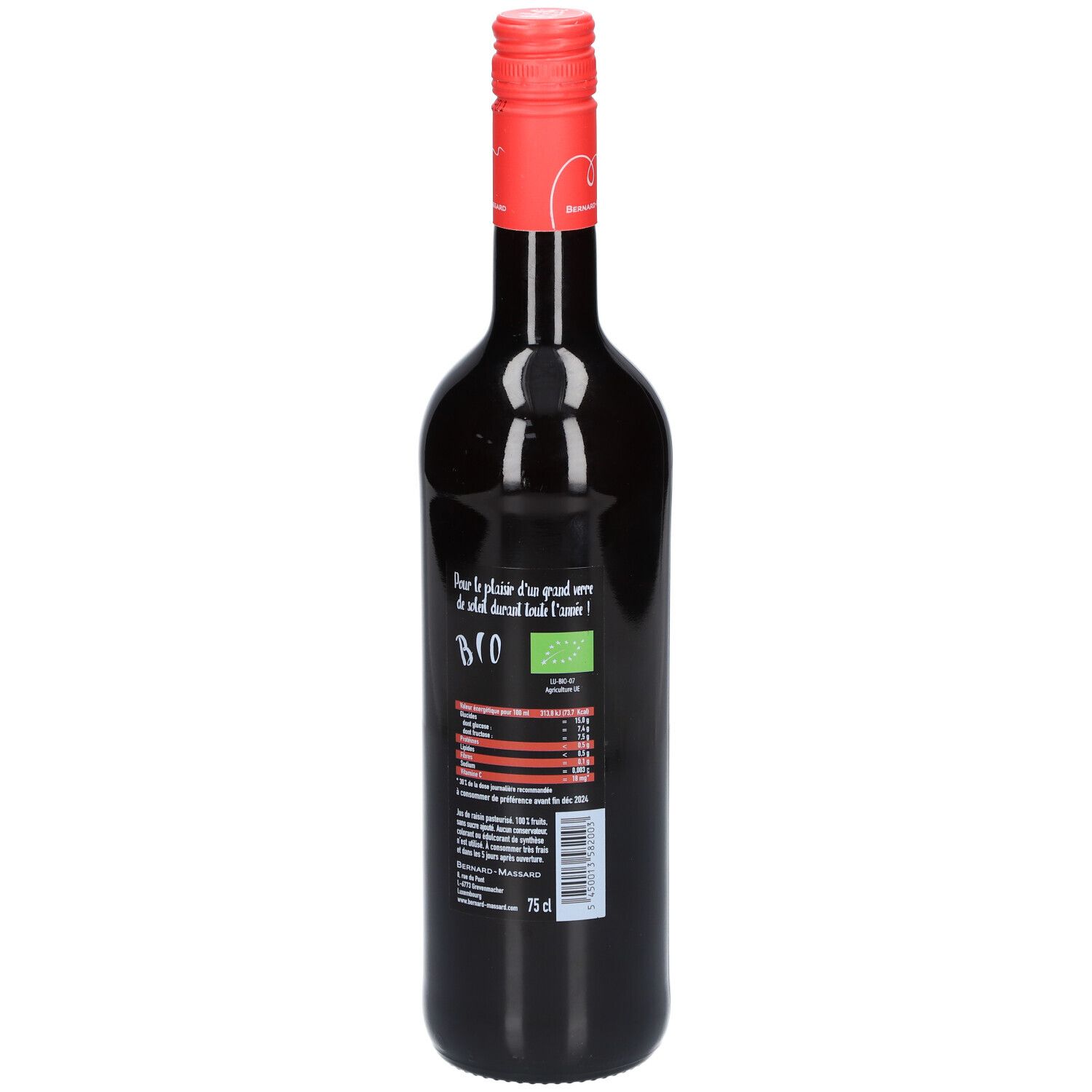 Bouteille en verre foncé avec bouchon rouge. Dos avec texte et informations nutritionnelles. Label bio.