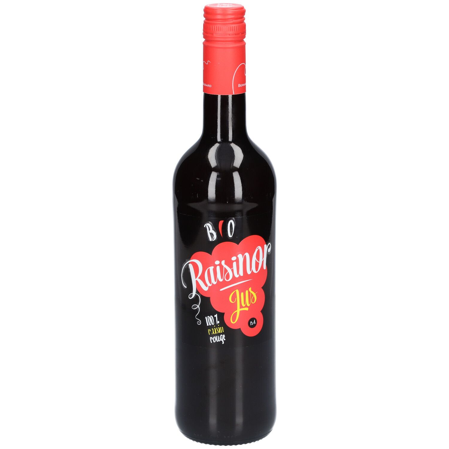 Bouteille en verre foncé avec bouchon rouge. Étiquette avec inscription Raisinor Jus et label bio.
