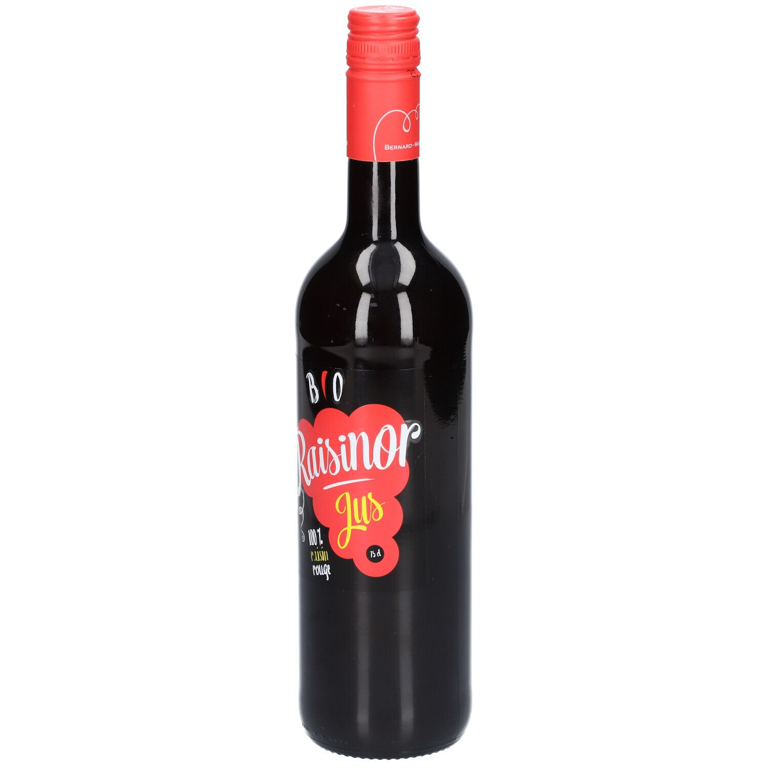 Bouteille en verre foncé avec bouchon rouge. Étiquette avec inscription Raisinor Jus et label bio.