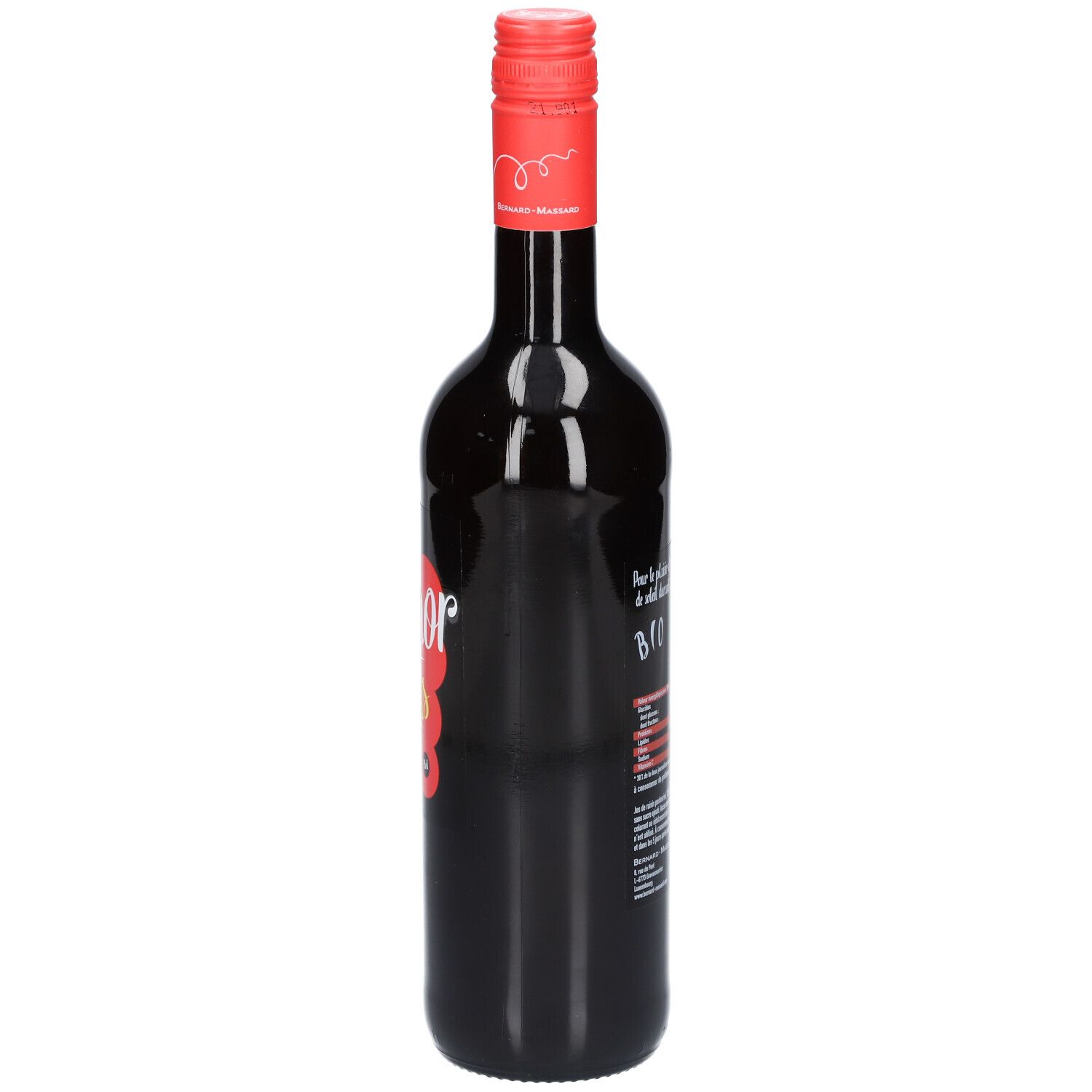 Bouteille en verre foncé avec bouchon rouge. Dos avec texte et informations nutritionnelles. Label bio.