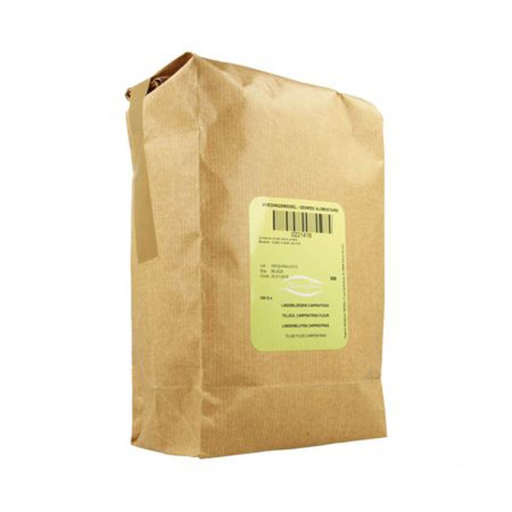 Sachet en papier brun avec étiquette verte. Texte: Tilleul Carpentras Fleur. Vue de côté.