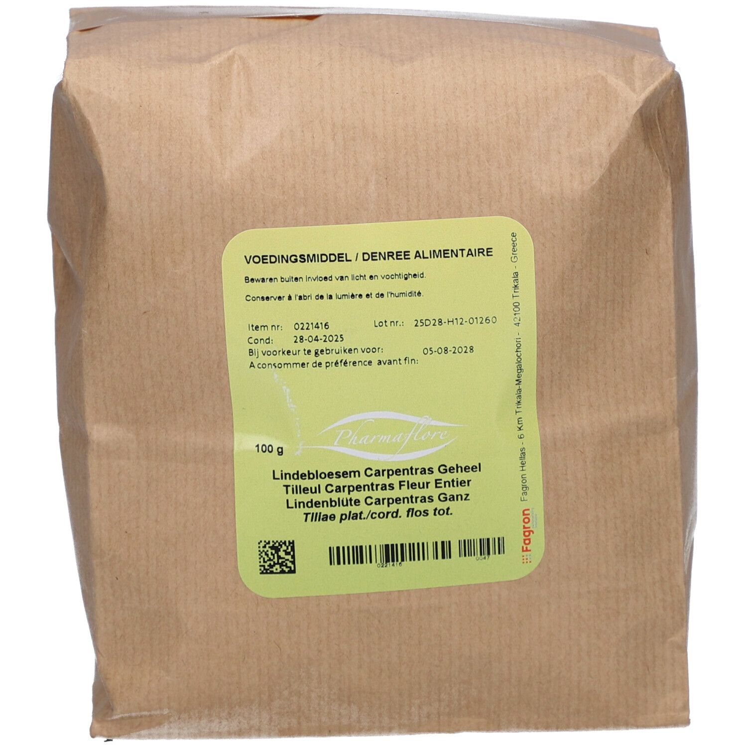 Sachet en papier brun avec étiquette verte. Texte: Pharmaflore, Tilleul Carpentras. 100 g.
