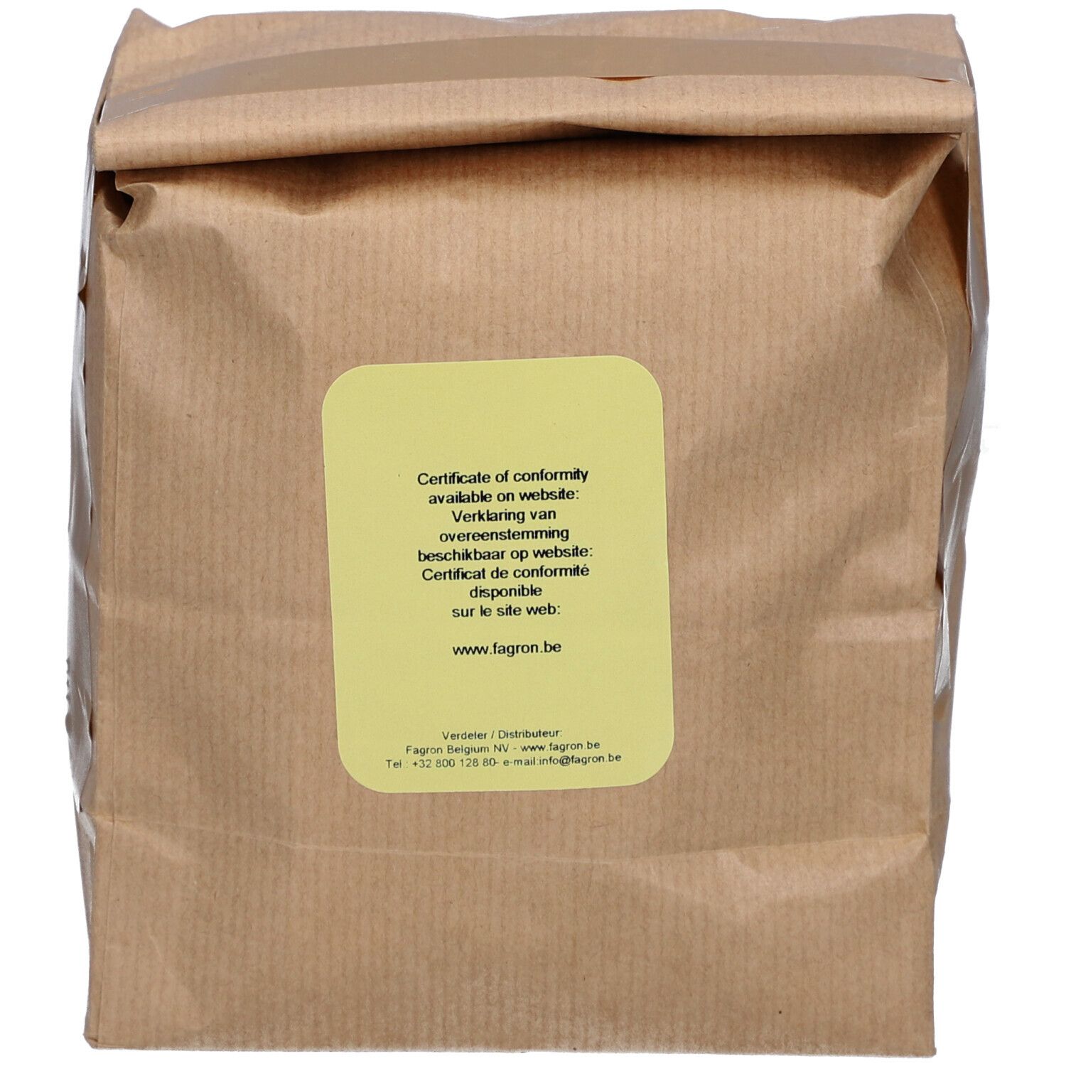 Sachet en papier brun avec étiquette jaune. Texte: Certificate of conformity disponible sur le site web: www.fagron.be.