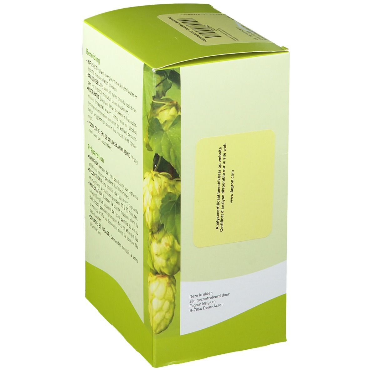 Boîte verte avec houblon et texte. Adresse et site web.