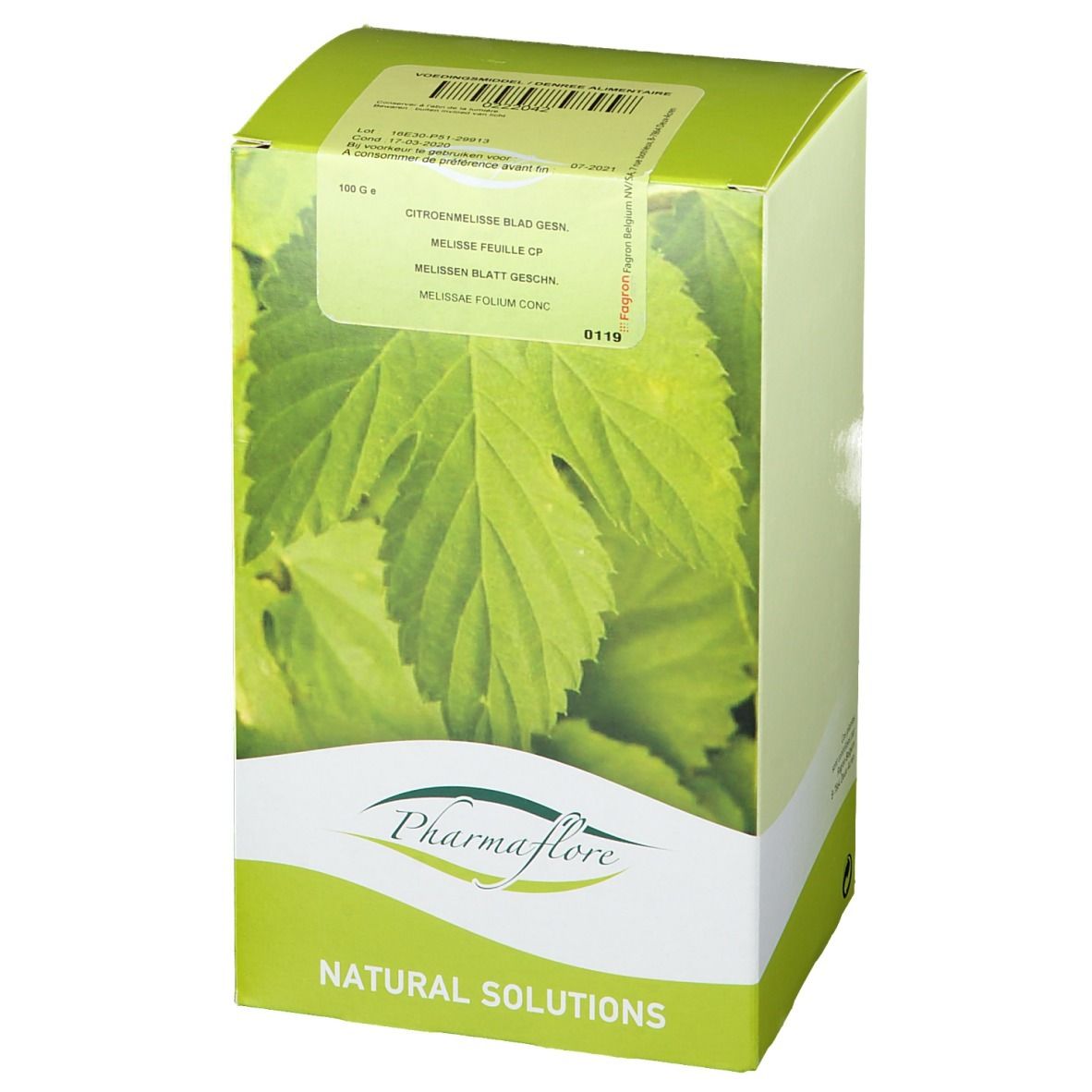 Boîte verte avec feuilles et texte. Logo Pharmaflore. "Natural Solutions".