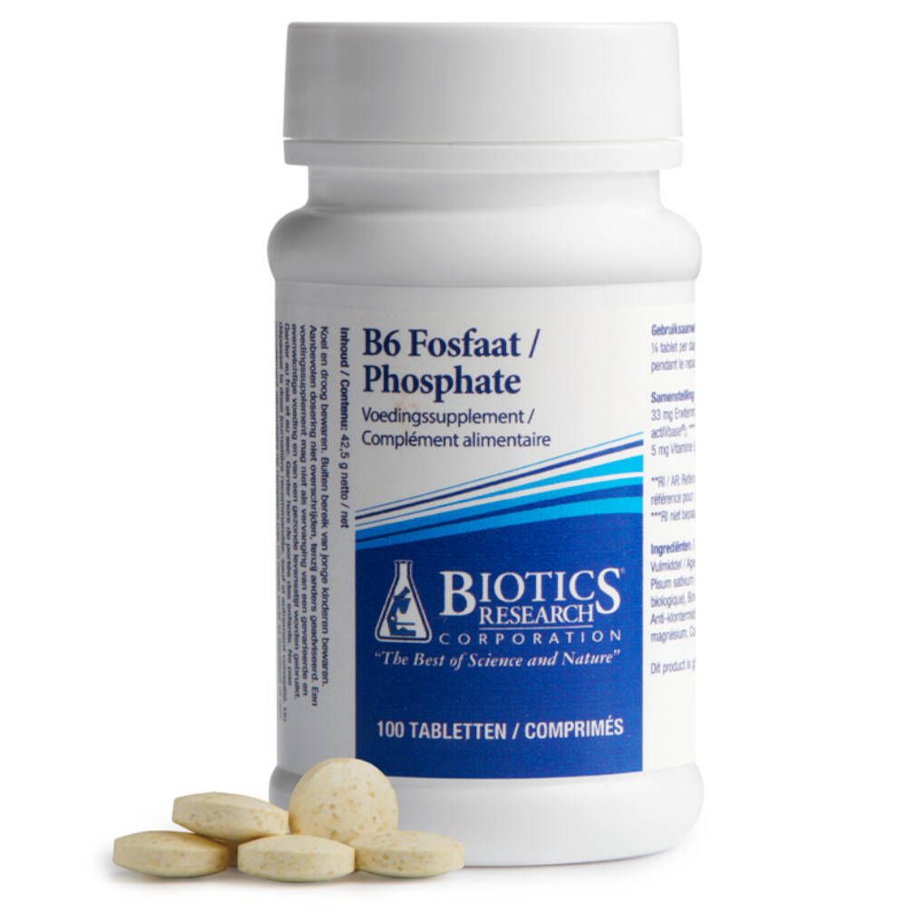 Comprimés blancs à côté d'un flacon blanc. Inscription : B6 Fosfaat/Phosphate, Biotics Research Corporation.