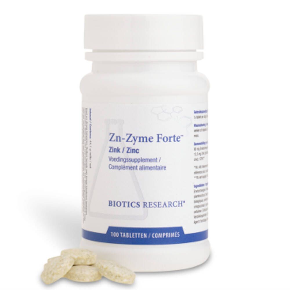 Witte fles Zn-Zyme Forte, Zink/Zinc, Biotics Research, met tabletten. 100 tabletten. Meertalige tekst.